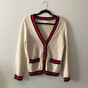 PopSugar Cream Cotton Cardigan Sweater Red Black Trim Size Small Varsity Preppy